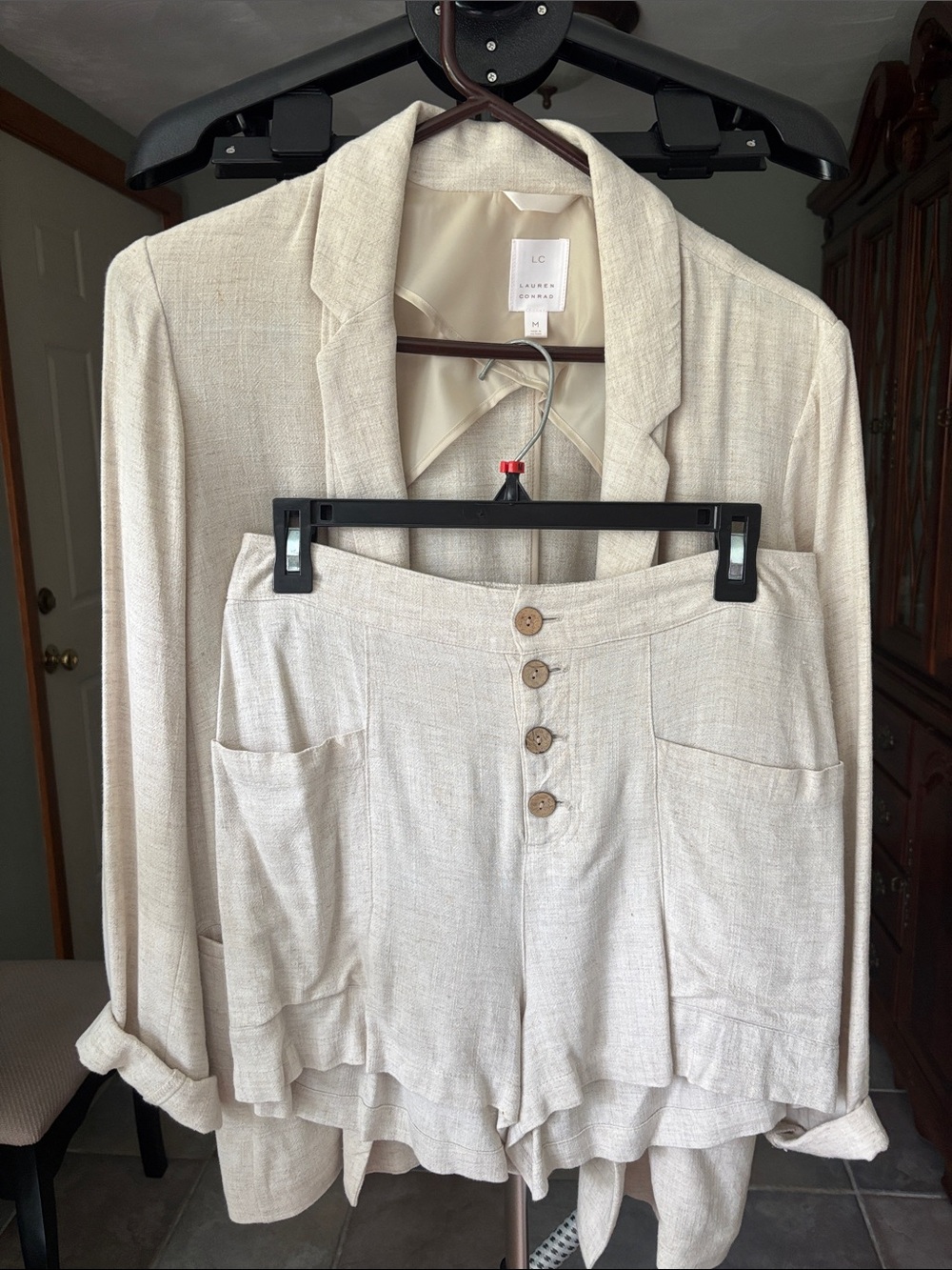 LC Lauren Conrad Cream Linen-Look Blazer and Button Front Shorts Set